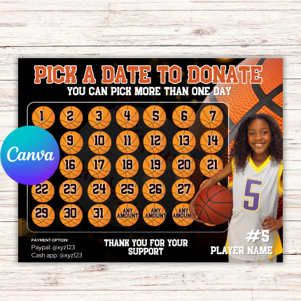 Basketball Fundraiser Calendar, Basketball Fundraiser Template, Pick a Date To Donate, Basketball Calendar Fundraiser, Basketball Fundraising
