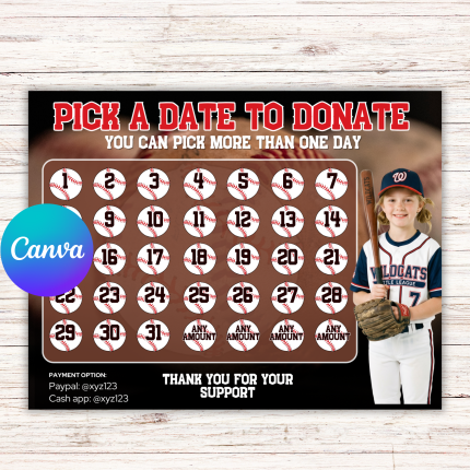 Baseball Fundraiser Calendar, Baseball Fundraiser Template, Pick a Date To Donate, Baseball Calendar Fundraiser, Baseball Fundraising
