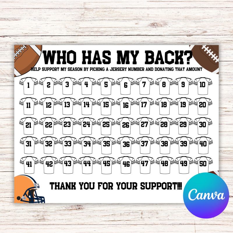 Editable Football Fundraiser Template, who has my back Fundraiser Template, Calendar Fundraiser Template, pick a date to donate, pay the date, black out my board, Football calendar, Football