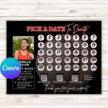 Editable Pick a Date To Donate Baseball Fundraiser Template,Fundraiser Calendar Template Baseball, Pay the Date, Baseball fundraiser