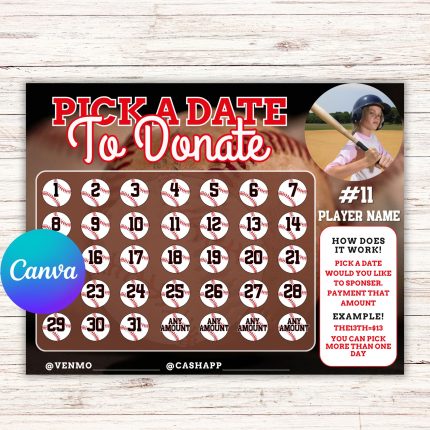 Editable Pick a Date To Donate Baseball Fundraiser Template, pay the date, calendar Fundraiser Template, Baseball fundraiser
