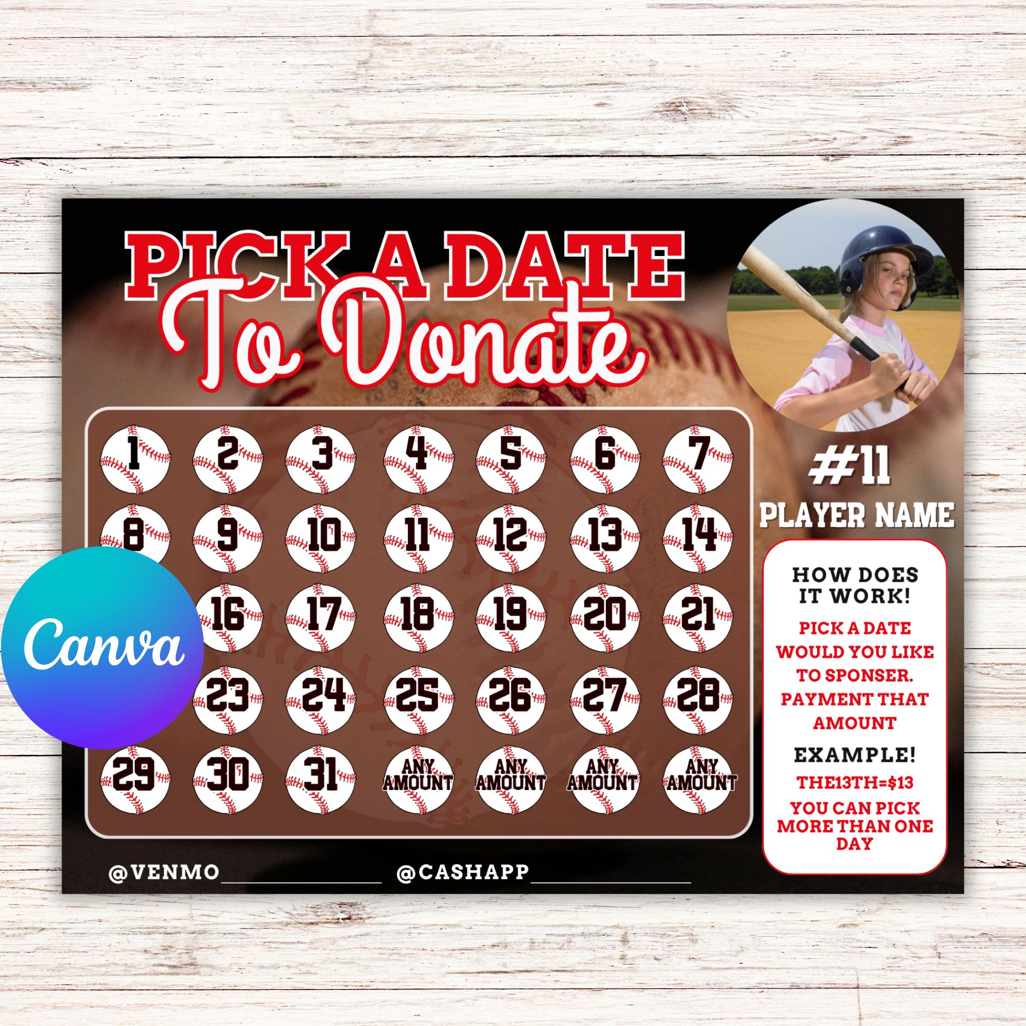Pick a Date To Donate Baseball Fundraiser Editable Pick a Date To Donate Baseball Fundraiser Template, pay the date, calendar Fundraiser Template, Baseball fundraiser