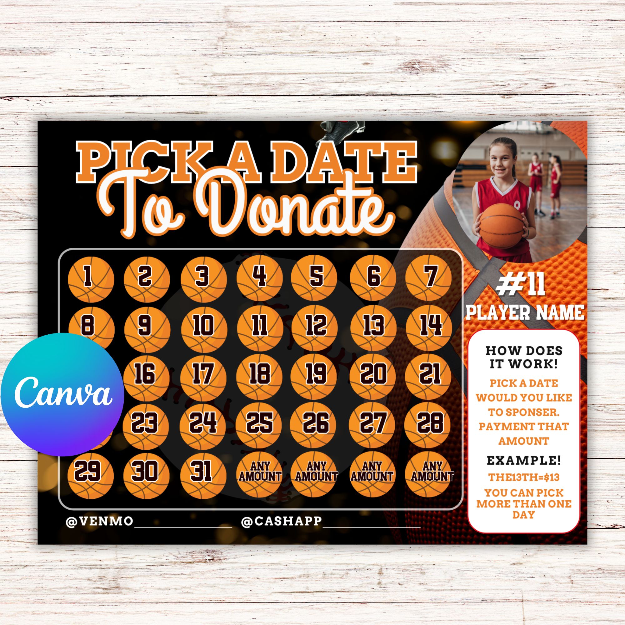 Pick a Date To Donate Basketball Fundraiser Editable Pick a Date To Donate Basektball Fundraiser Template, pay the date, calendar Fundraiser Template, Basektball fundraiser