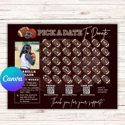 Editable Pick a Date To Donate Football Fundraiser Template, Fundraiser Calendar Template Football, Pay the Date, Football fundraiser