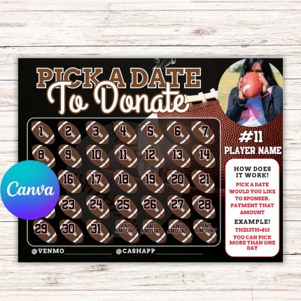 Editable Pick a Date To Donate Football Fundraiser Template, pay the date, calendar Fundraiser Template, Football fundraiser