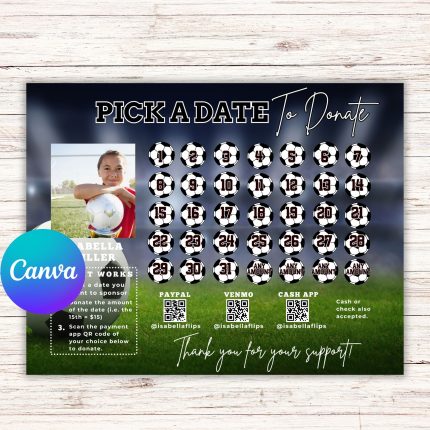 Editable Pick a Date To Donate Soccer Fundraiser Template, Fundraiser Calendar Template Soccer, Pay the Date, Soccer fundraiser