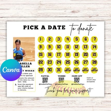 Editable Pick a Date To Donate Softball Fundraiser Template, pay the date, calendar Fundraiser Template, Softball fundraiser
