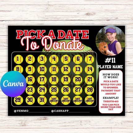 Editable Pick a Date To Donate Softball Fundraiser Template, pay the date, calendar Fundraiser Template, Softball fundraiser