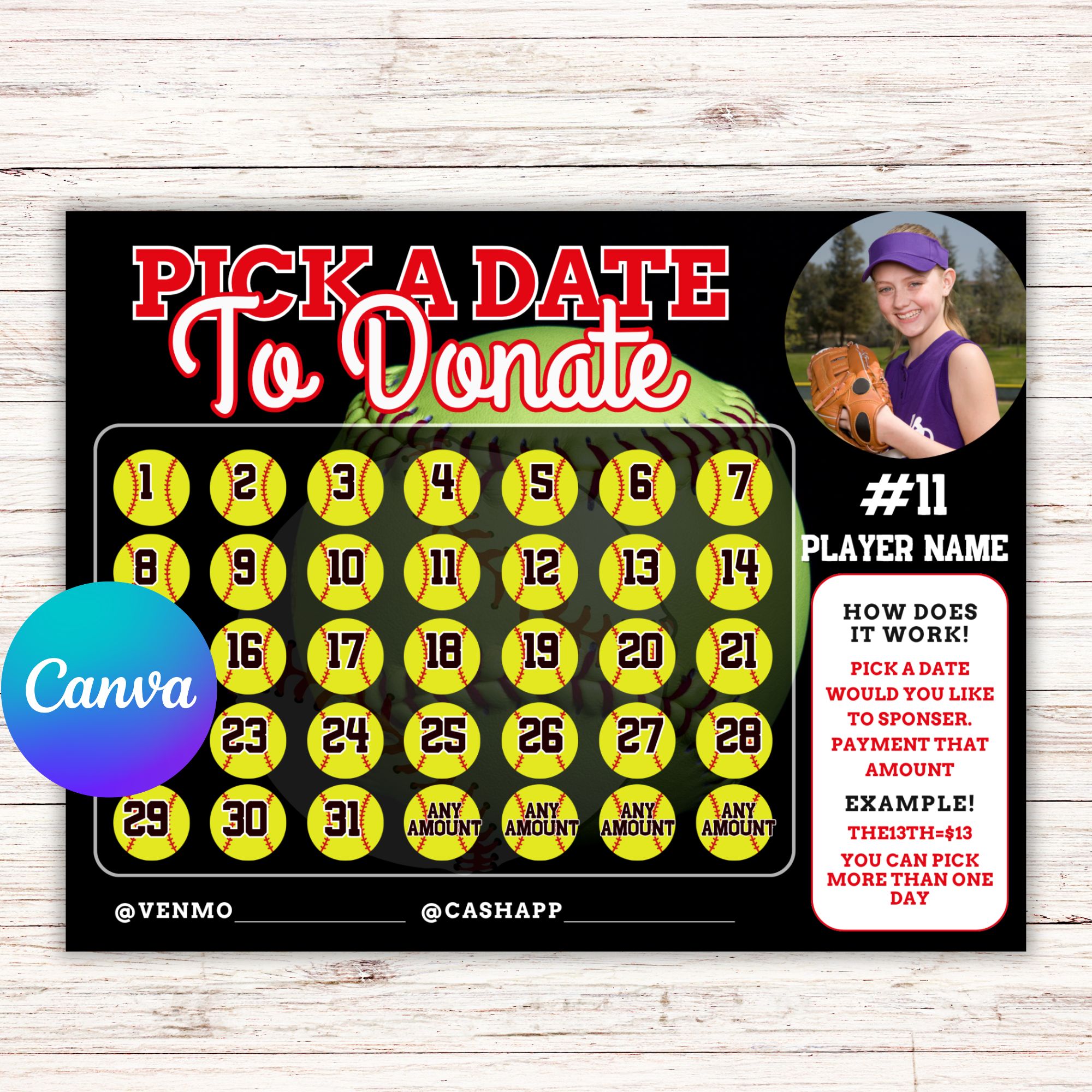 Pick a Date To Donate Softball Fundraiser Editable Pick a Date To Donate Softball Fundraiser Template, pay the date, calendar Fundraiser Template, Softball fundraiser
