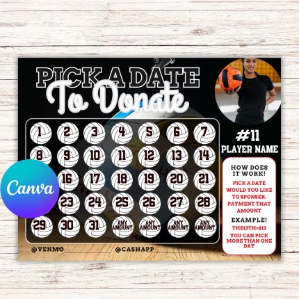 Editable Pick a Date To Donate Volleyball Fundraiser Template, pay the date, calendar Fundraiser Template, Volleyball fundraiser