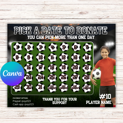 Soccer Fundraiser Calendar, Soccer Fundraiser Template, Pick a Date To Donate, Soccer Calendar Fundraiser, Soccer Fundraising