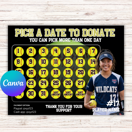 Softball Fundraiser Calendar, Softball Fundraiser Template, Pick a Date To Donate, Softball Calendar Fundraiser, Softball Fundraising
