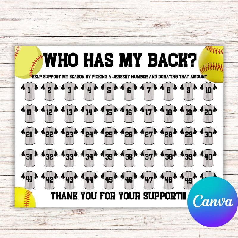 Editable Softball Fundraiser Template, who has my back Fundraiser Template, Calendar Fundraiser Template, pick a date to donate, pay the date, black out my board, Softball calendar, Softball