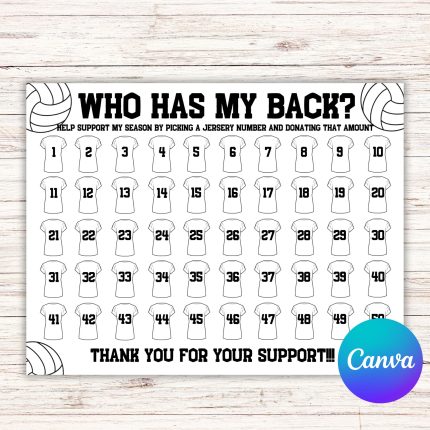 Editable Volleyball Fundraiser Template, who has my back Fundraiser Template, Calendar Fundraiser Template, pick a date to donate, pay the date, black out my board, Volleyball calendar, Volleyball